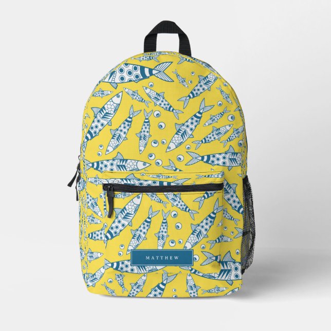 Portuguese Lisbon Sardines Pattern Azulejos Yellow Printed Backpack (Front)