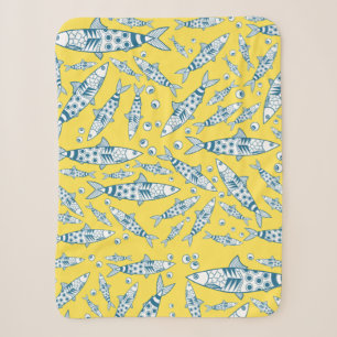 Portuguese Lisbon Sardines Pattern Azulejos Yellow Sherpa Blanket