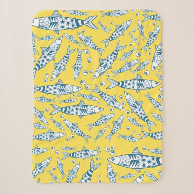 Portuguese Lisbon Sardines Pattern Azulejos Yellow Sherpa Blanket (Front)