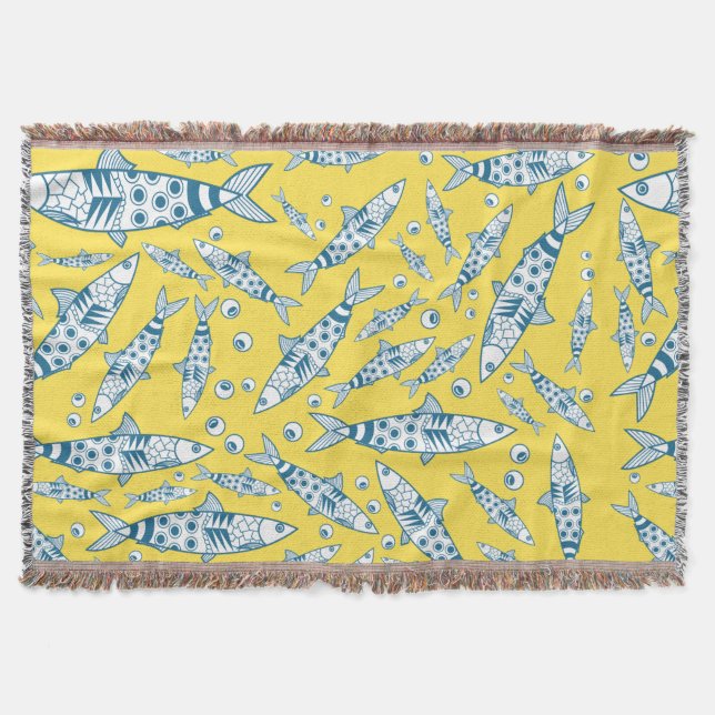 Portuguese Lisbon Sardines Pattern Azulejos Yellow Throw Blanket (Front)