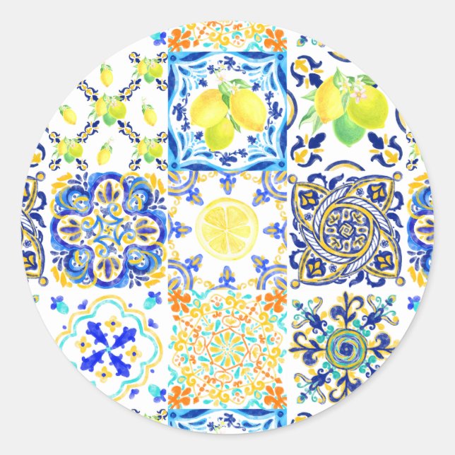 Portuguese Majolica Azulejo Mediterranean Lemon  Classic Round Sticker (Front)