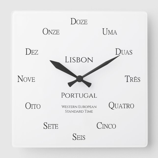 Portuguese Numbers Custom City Country Time Zone Square Wall Clock (Front)