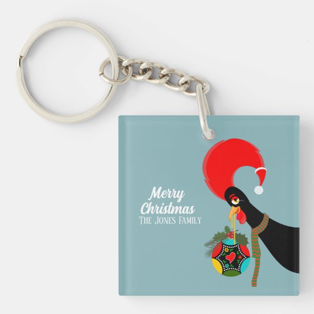 Portuguese Rooster and holly Christmas bauble Keychain (Front)