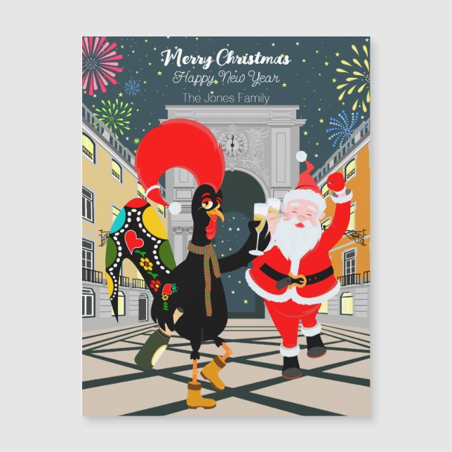 Portuguese Rooster and Santa New Year toast card (Front)