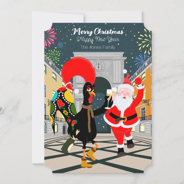 Portuguese Rooster and Santa toast to the New Year Card (Front)