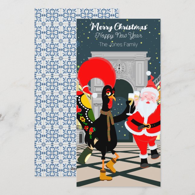 Portuguese Rooster and Santa toast to the New Year Holiday Card (Front/Back)