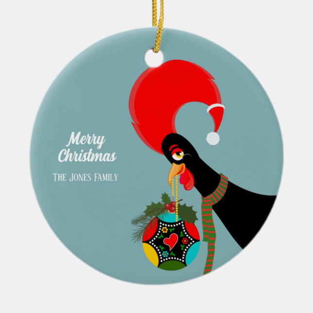 Portuguese Rooster Christmas holly bauble Ceramic Ornament (Front)