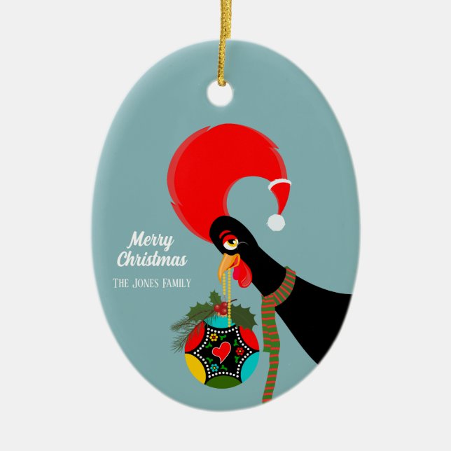 Portuguese Rooster Christmas holly bauble Ceramic Ornament (Front)