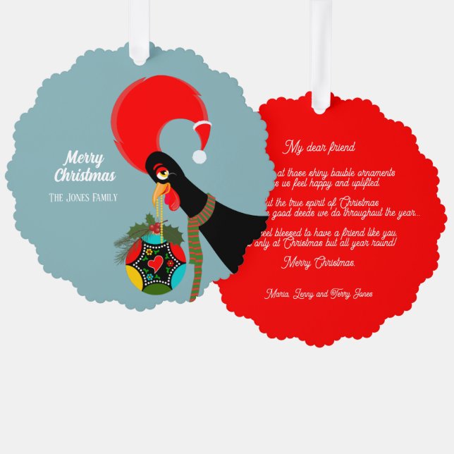 Portuguese Rooster Christmas holly bauble Ornament Card (Front/Back)