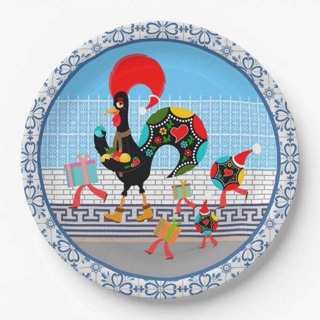 Portuguese Rooster Festive Christmas Parade Paper Plate (Front)