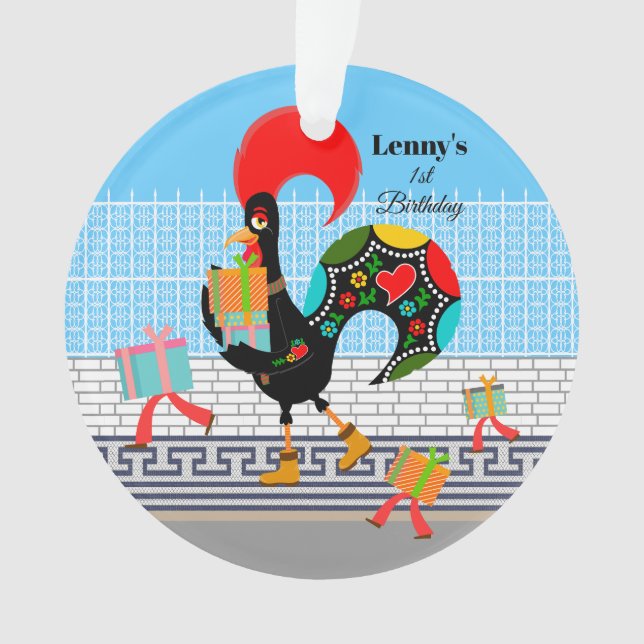 Portuguese Rooster with gifts 1st Birthday Party  Ornament (Front)
