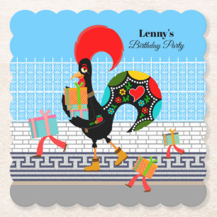 Portuguese Rooster with gifts 1st Birthday Party  Paper Coaster