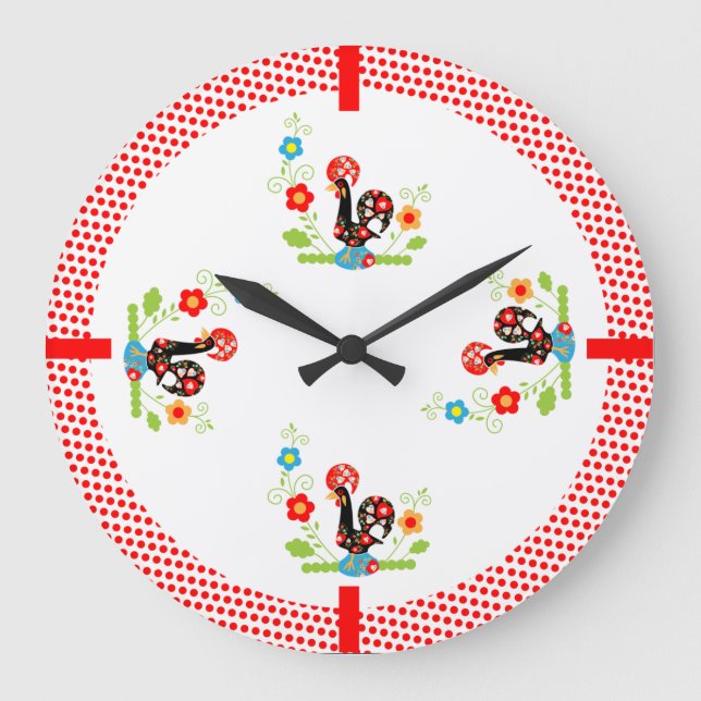 Portuguese rooster with red polka dots large clock (Front)
