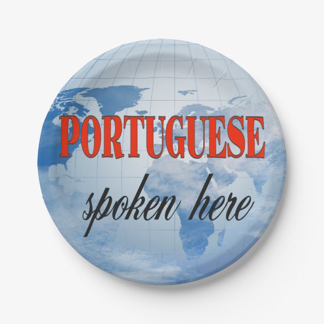 Portuguese spoken here cloudy earth paper plate (Front)