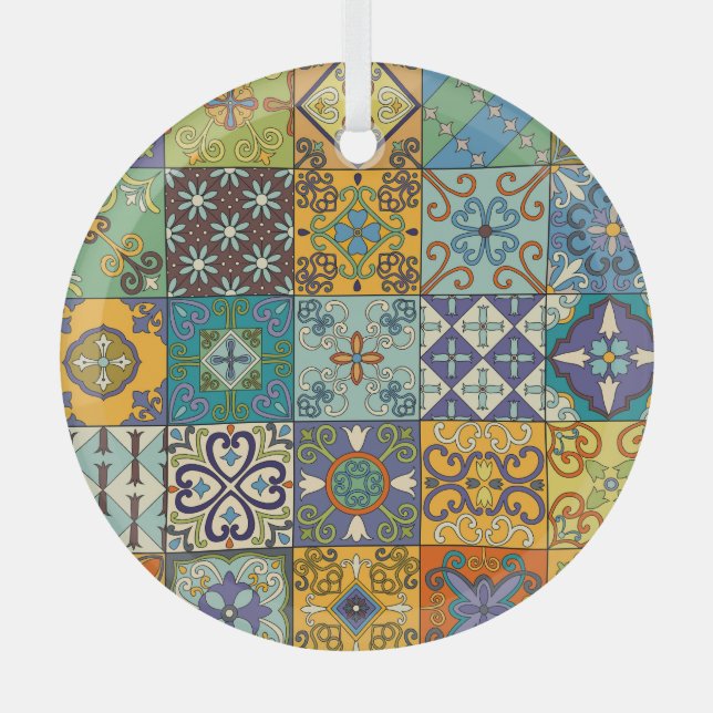 Portuguese Talavera Tile Design Glass Ornament (Front)