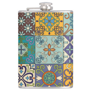 Portuguese Talavera Tile Design Hip Flask