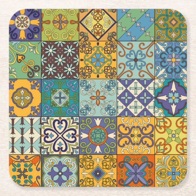 Portuguese Talavera Tile Design Square Paper Coaster (Front)