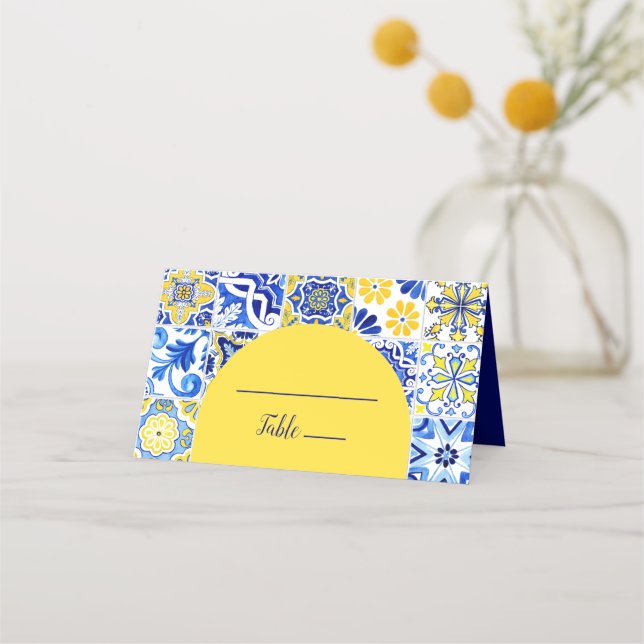 Portuguese Tile Blue White Yellow Arch Wedding Place Card (Front)