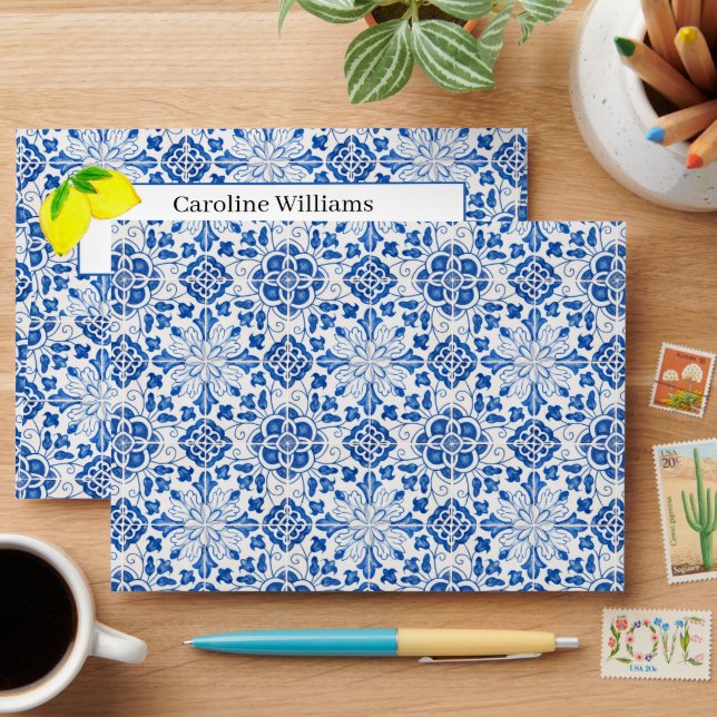 Portuguese tile Lemon Bridal Shower Return Address Envelope (Desk)