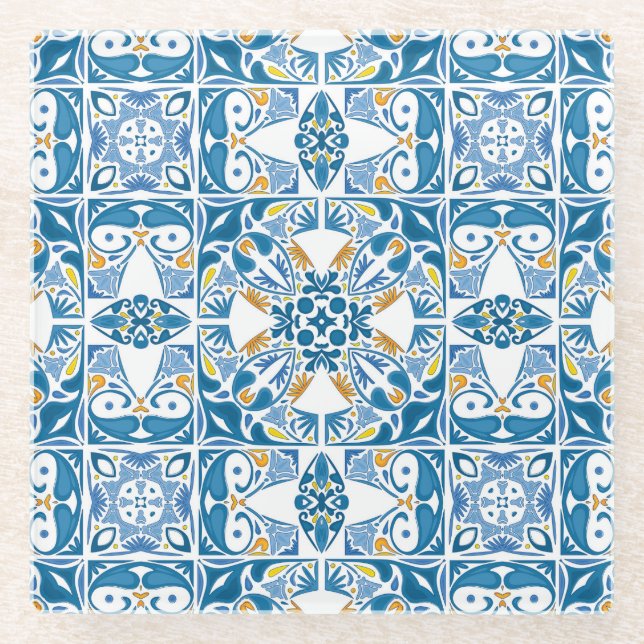Portuguese Tile Pattern Glass Coaster (Front)