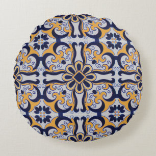 Portuguese tile pattern round pillow