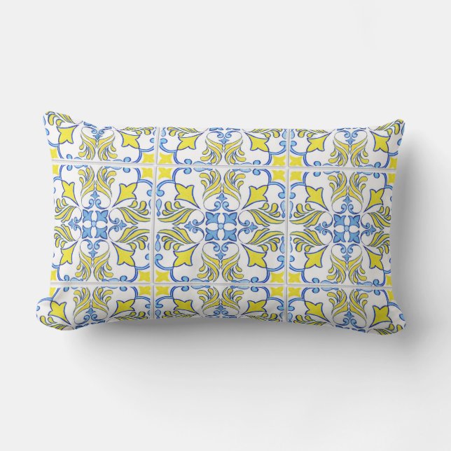 Portuguese Tile Pattern Yellow White Blue Outdoor Lumbar Pillow (Front)