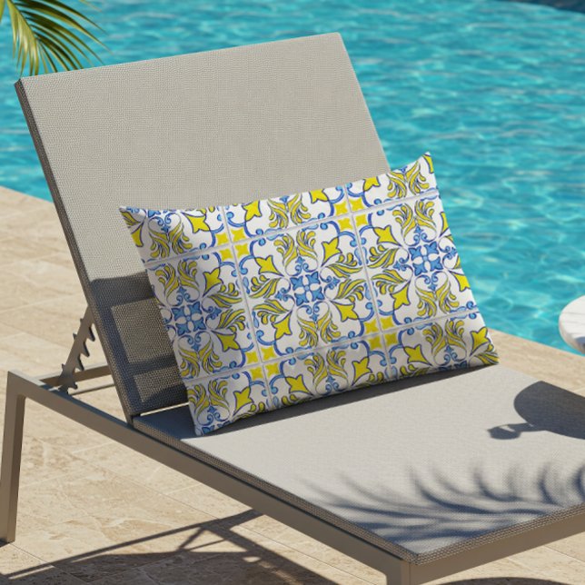 Portuguese Tile Pattern Yellow White Blue Outdoor Lumbar Pillow (Creator Uploaded)