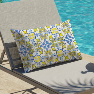 Portuguese Tile Pattern Yellow White Blue Outdoor Lumbar Pillow