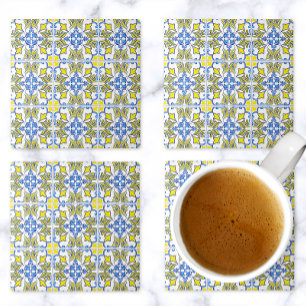 Portuguese Tile Pattern Yellow White Blue Stone Coaster
