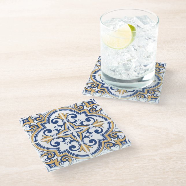 Portuguese tiles 1 glass coaster (Angled)