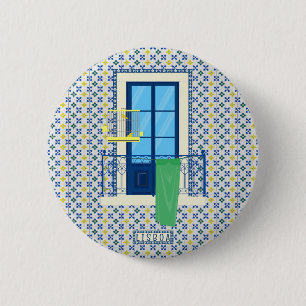 Portuguese tiles and window balcony with bird 2 inch round button