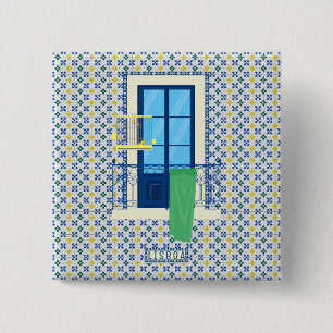Portuguese tiles and window balcony with bird 2 inch square button