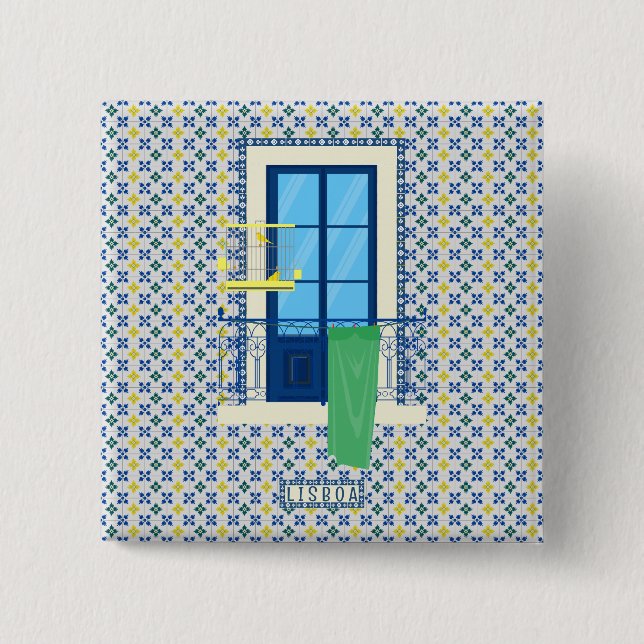 Portuguese tiles and window balcony with bird 2 inch square button (Front)