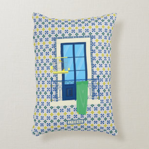 Portuguese tiles and window balcony with bird accent pillow