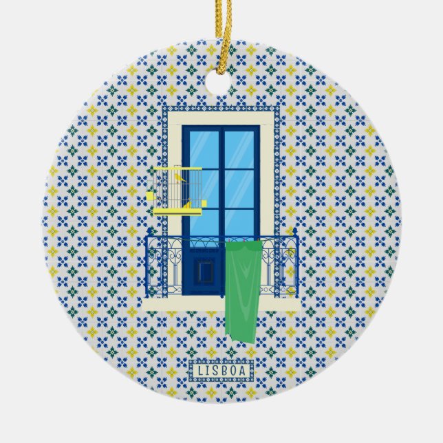 Portuguese tiles and window balcony with bird ceramic ornament (Front)