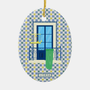 Portuguese tiles and window balcony with bird ceramic ornament