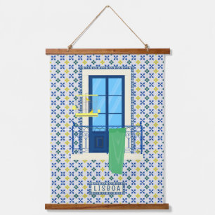 Portuguese tiles and window balcony with bird hanging tapestry