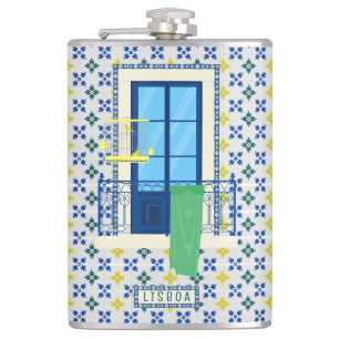 Portuguese tiles and window balcony with bird hip flask