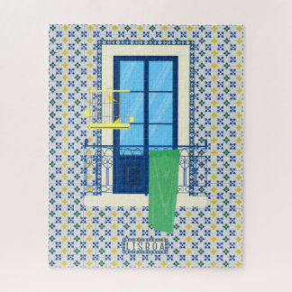Portuguese tiles and window balcony with bird jigsaw puzzle