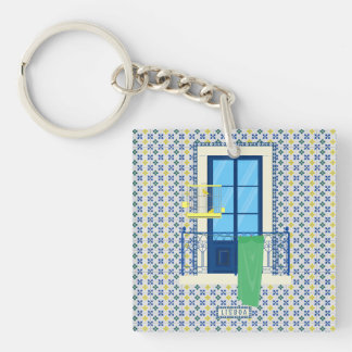 Portuguese tiles and window balcony with bird keychain