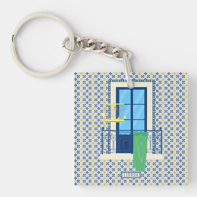Portuguese tiles and window balcony with bird keychain (Front)