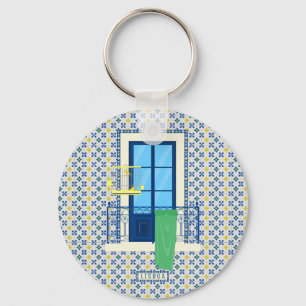 Portuguese tiles and window balcony with bird keychain