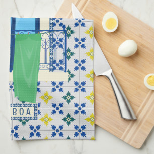 Portuguese tiles and window balcony with bird kitchen towel