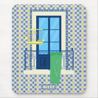 Portuguese tiles and window balcony with bird mouse pad