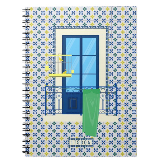 Portuguese tiles and window balcony with bird notebook (Front)