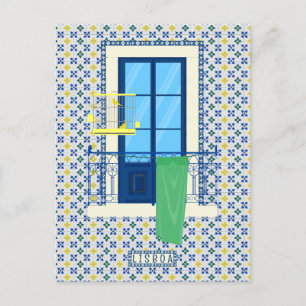 Portuguese tiles and window balcony with bird postcard