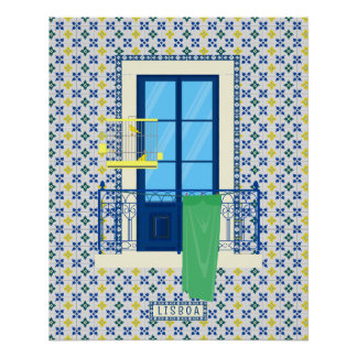 Portuguese tiles and window balcony with bird poster