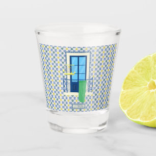 Portuguese tiles and window balcony with bird shot glass