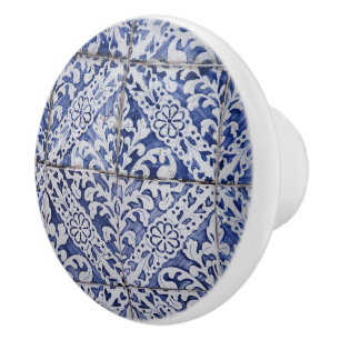 Portuguese Tiles - Azulejo Blue and White Floral Ceramic Knob