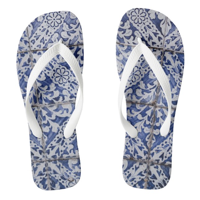 Portuguese Tiles - Azulejo Blue and White Floral Flip Flops (Footbed)